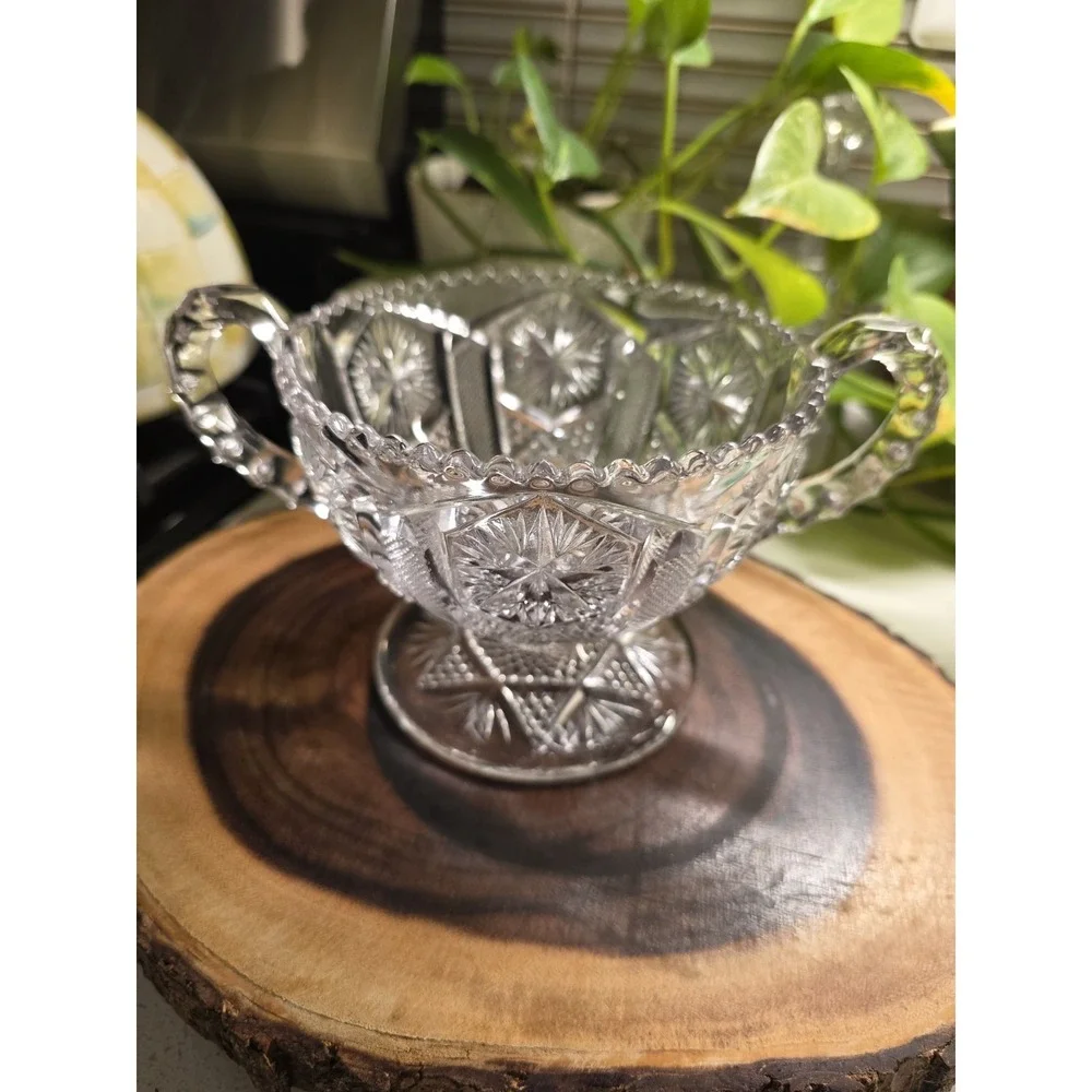 Vintage Pressed Glass‎ Pedestal Candy Dish Bowl Double Handle Cut Star Pattern